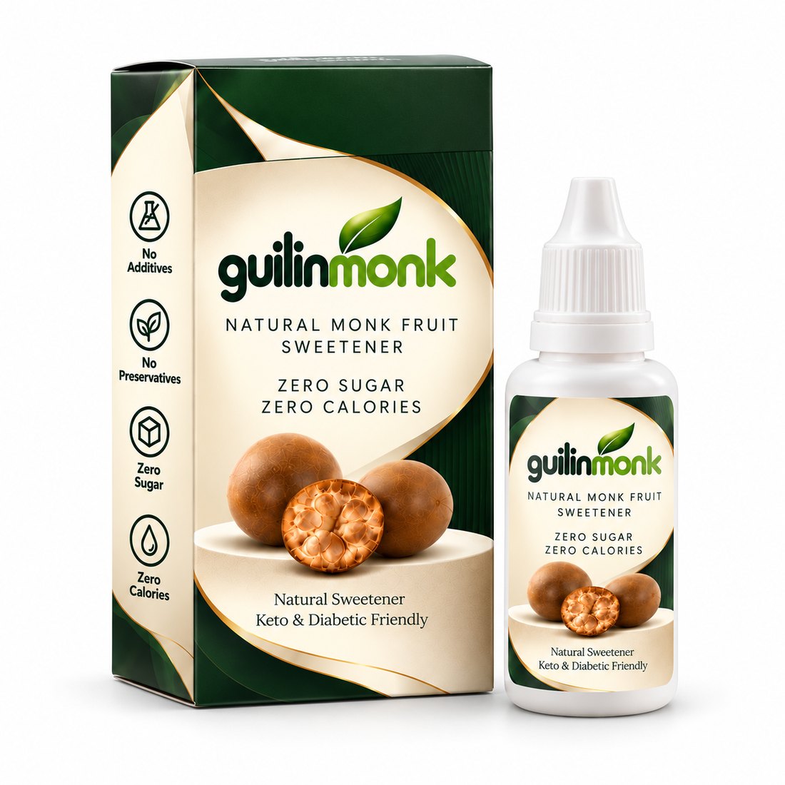 GUILINMONK natural monk fruit sweetener box and 10 ml dropper bottle