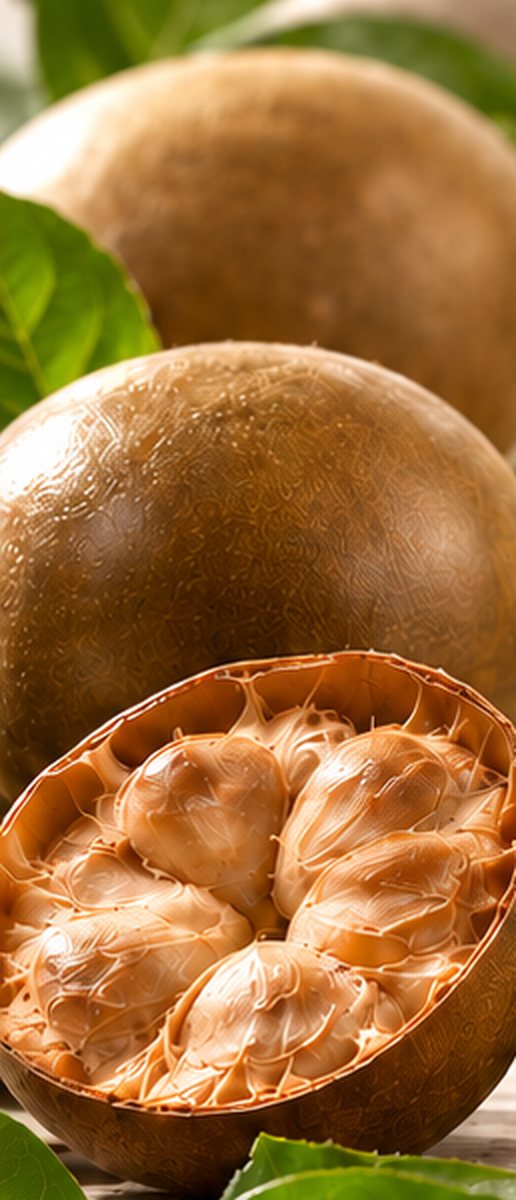 Whole and halved monk fruit (Luo Han Guo) with green leaves